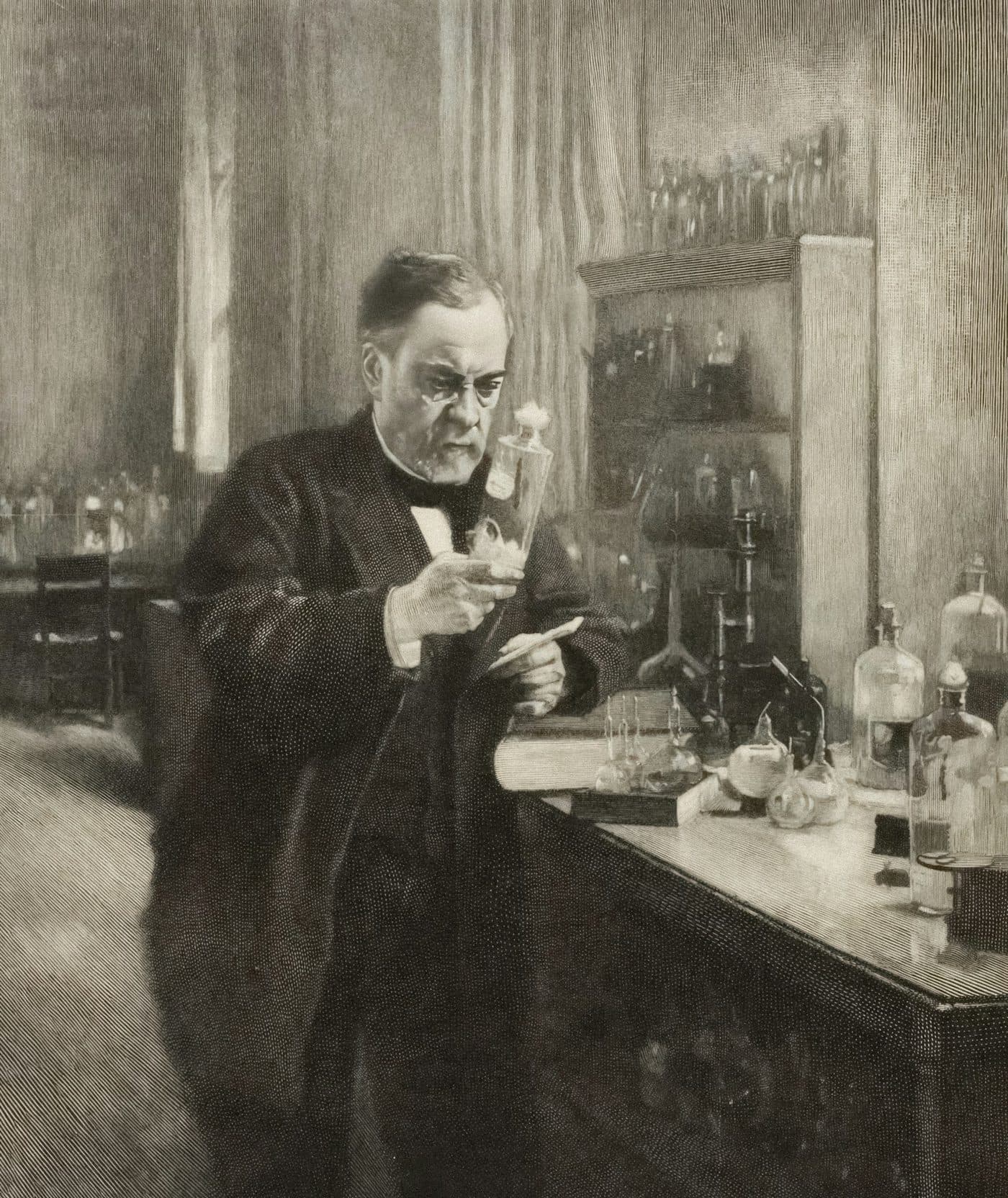 Historical engraving of Louis Pasteur in his laboratory