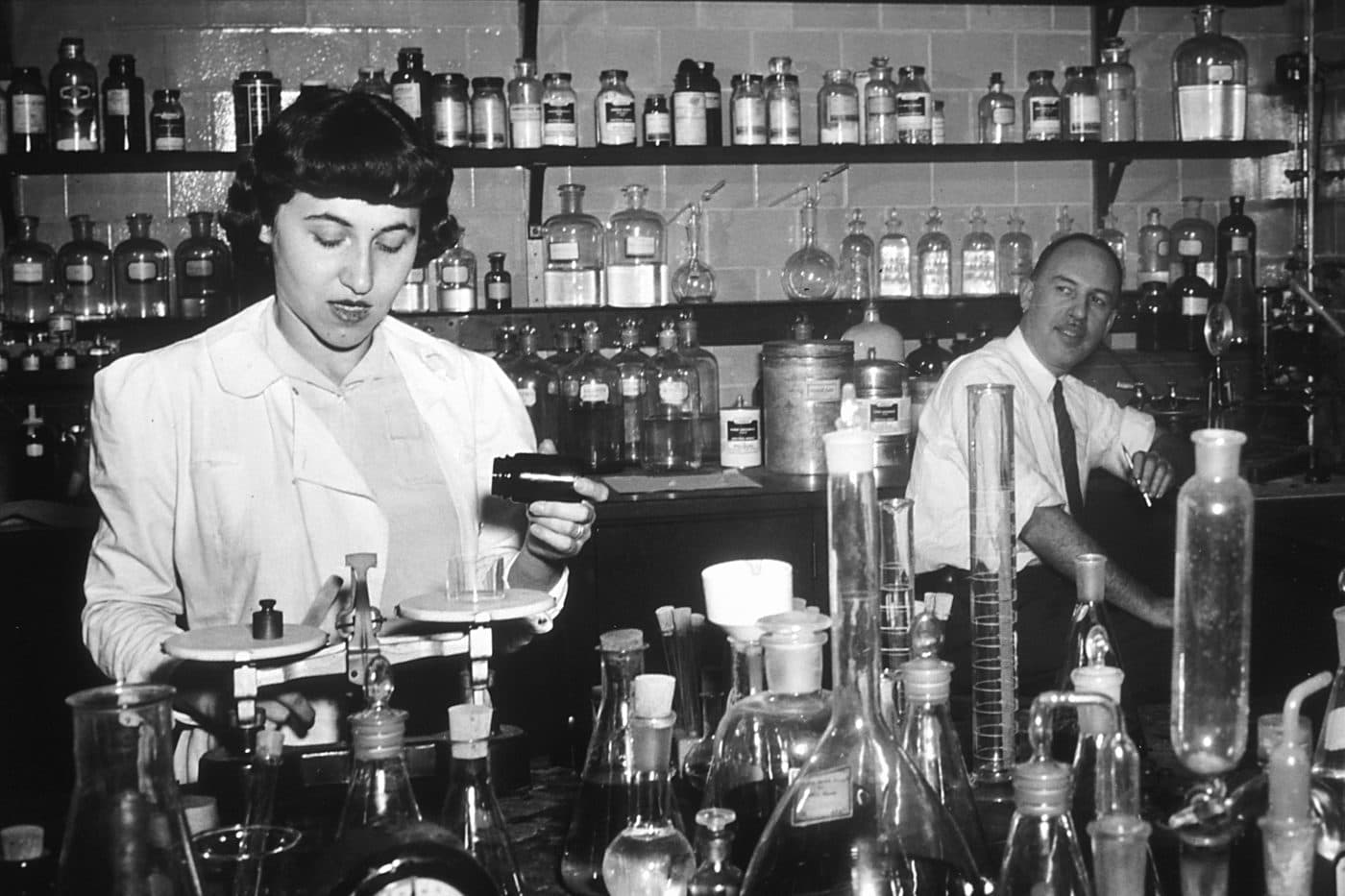 Dr Jonathan Hartwell and an assistant conducting early chemotherapy tests at NCI, about 1950